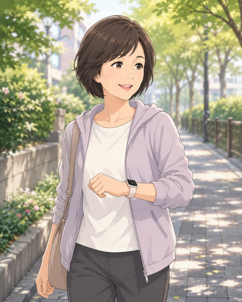 Apple Watchをつけて散歩するおばさん